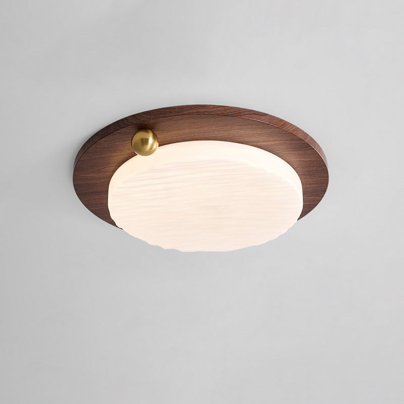 Plafonnier LED moderne minimaliste avec abat-jour rond en acrylique à grain de bois de noyer imitation fer pour chambre 