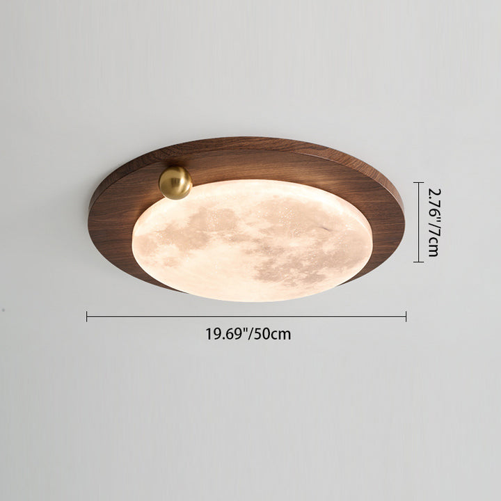 Plafonnier LED moderne minimaliste avec abat-jour rond en acrylique à grain de bois de noyer imitation fer pour chambre 