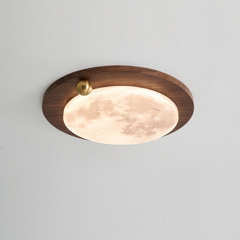 Plafonnier LED moderne minimaliste avec abat-jour rond en acrylique à grain de bois de noyer imitation fer pour chambre 