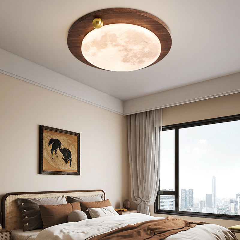 Plafonnier LED moderne minimaliste avec abat-jour rond en acrylique à grain de bois de noyer imitation fer pour chambre 