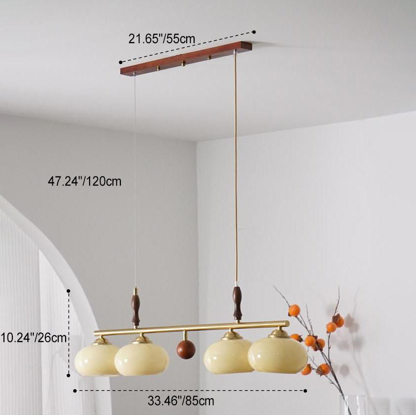 Traditioneller französischer Kronleuchter aus Holz und Eisen mit gerader Linie und rundem Glasschirm, 3/4-flammig, Inselleuchte für Wohnzimmer 