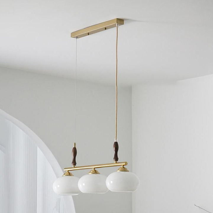 Traditioneller französischer Kronleuchter aus Holz und Eisen mit gerader Linie und rundem Glasschirm, 3/4-flammig, Inselleuchte für Wohnzimmer 