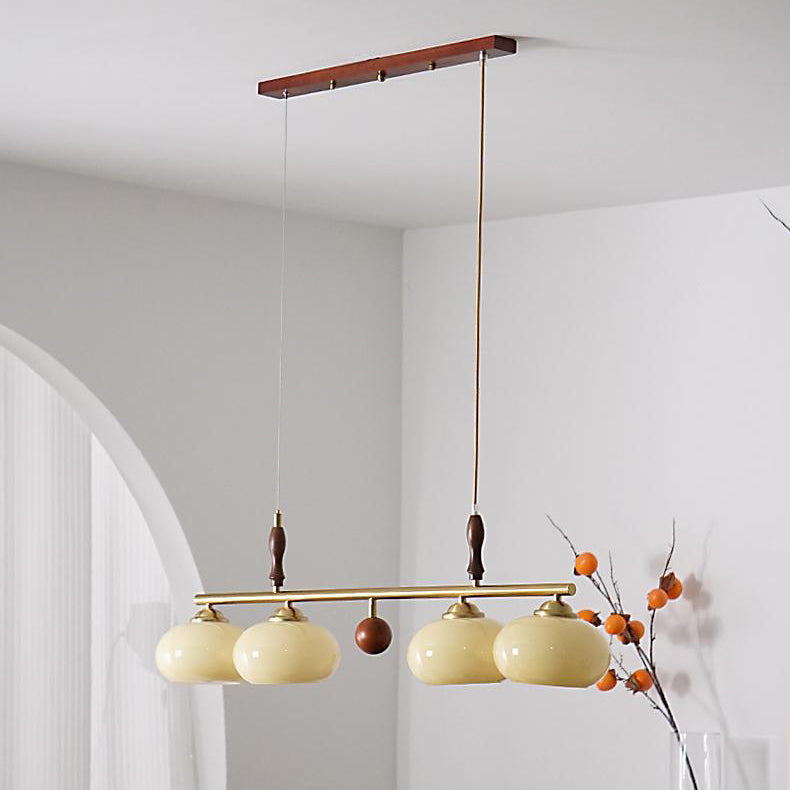 Traditioneller französischer Kronleuchter aus Holz und Eisen mit gerader Linie und rundem Glasschirm, 3/4-flammig, Inselleuchte für Wohnzimmer 