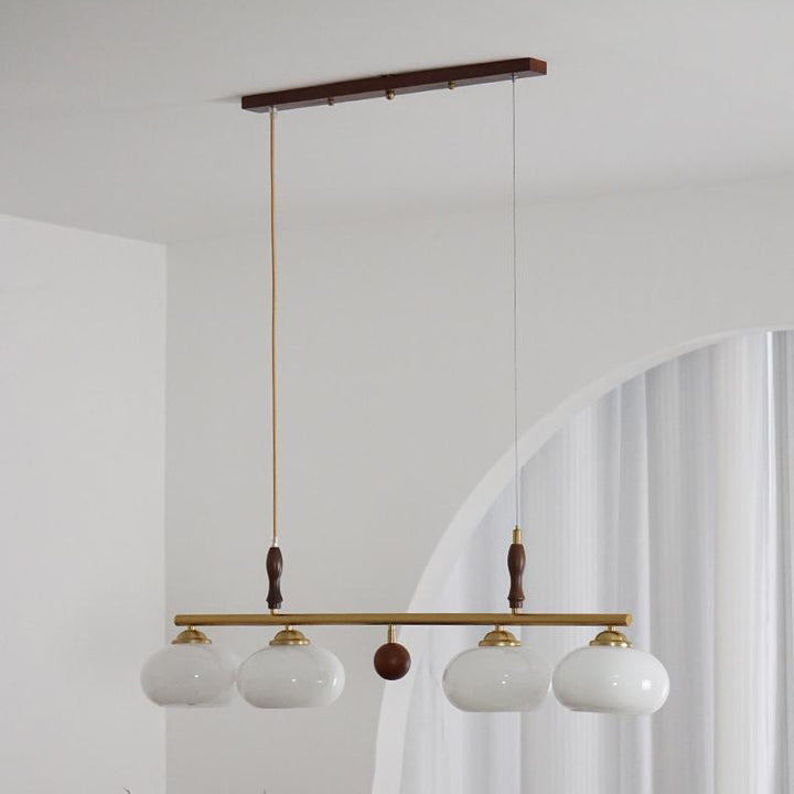 Traditioneller französischer Kronleuchter aus Holz und Eisen mit gerader Linie und rundem Glasschirm, 3/4-flammig, Inselleuchte für Wohnzimmer 