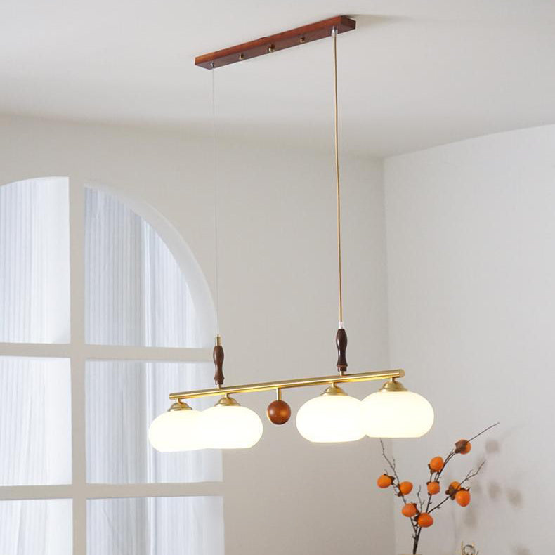 Traditioneller französischer Kronleuchter aus Holz und Eisen mit gerader Linie und rundem Glasschirm, 3/4-flammig, Inselleuchte für Wohnzimmer 
