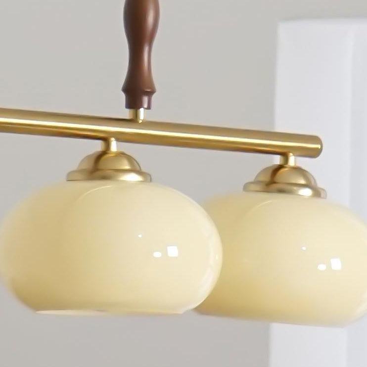 Traditioneller französischer Kronleuchter aus Holz und Eisen mit gerader Linie und rundem Glasschirm, 3/4-flammig, Inselleuchte für Wohnzimmer 