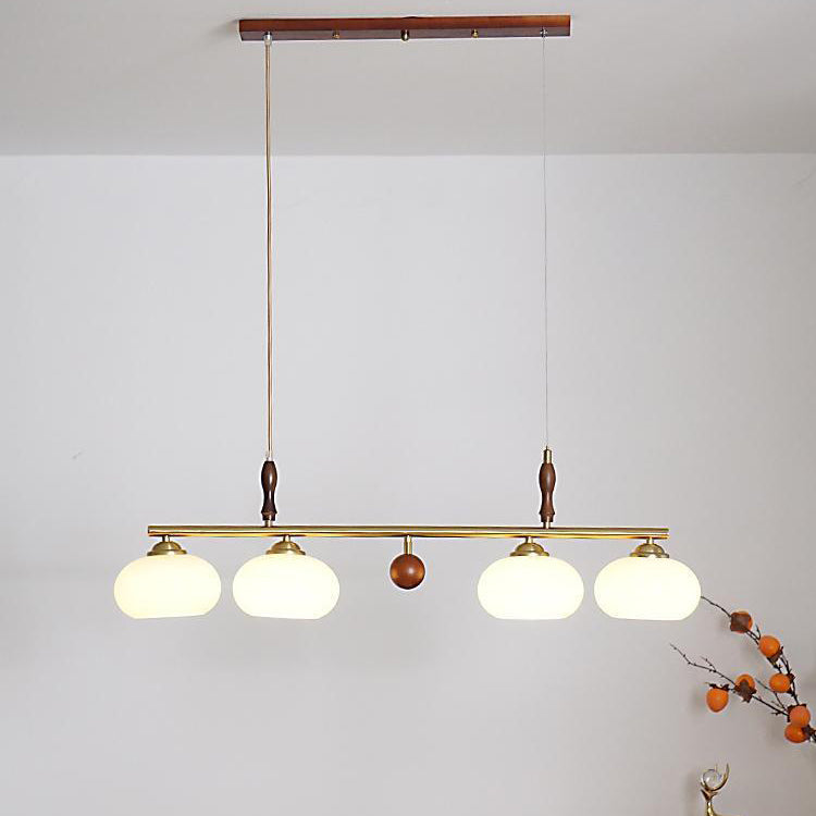 Traditioneller französischer Kronleuchter aus Holz und Eisen mit gerader Linie und rundem Glasschirm, 3/4-flammig, Inselleuchte für Wohnzimmer 