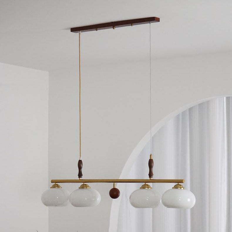 Traditioneller französischer Kronleuchter aus Holz und Eisen mit gerader Linie und rundem Glasschirm, 3/4-flammig, Inselleuchte für Wohnzimmer 