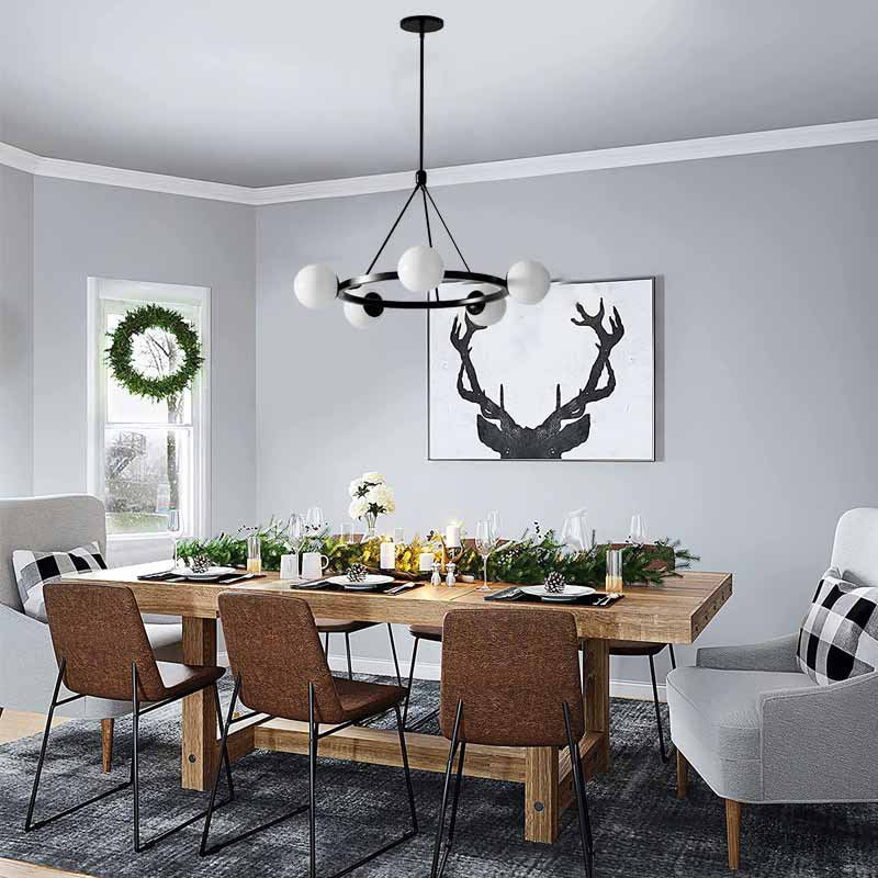 Moderner Mid-Century Eisen runder Stoff Glasschirm 5-Licht Kronleuchter für Wohnzimmer 