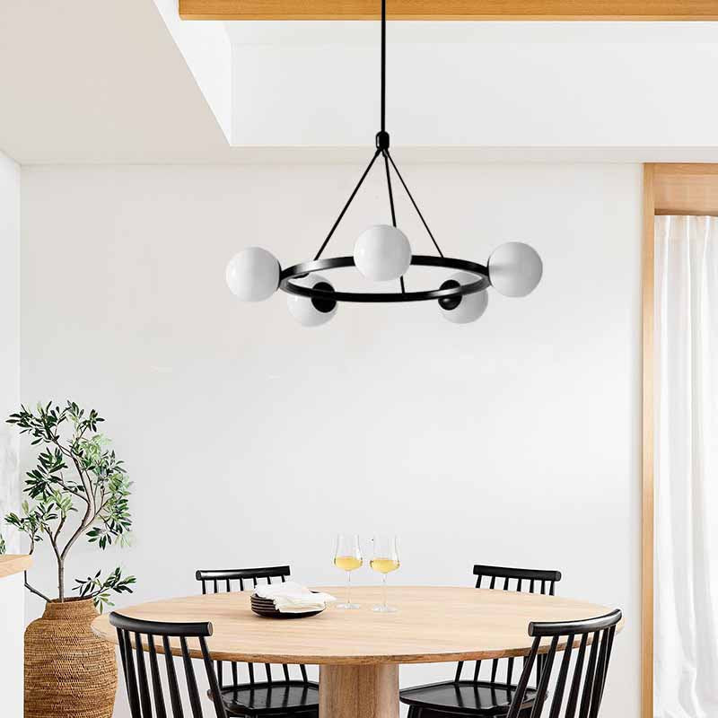 Moderner Mid-Century Eisen runder Stoff Glasschirm 5-Licht Kronleuchter für Wohnzimmer 
