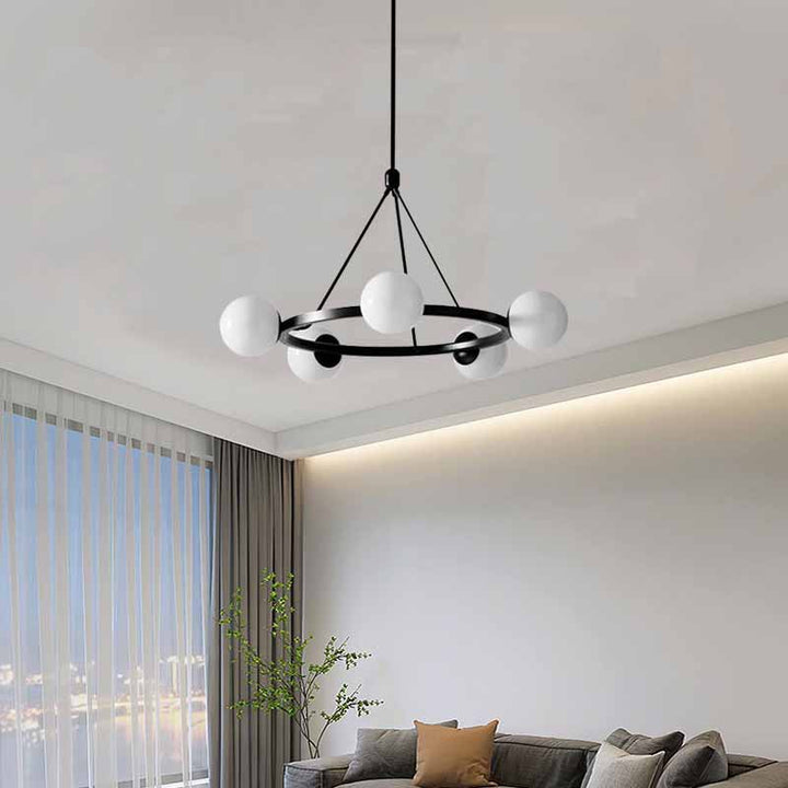 Moderner Mid-Century Eisen runder Stoff Glasschirm 5-Licht Kronleuchter für Wohnzimmer 