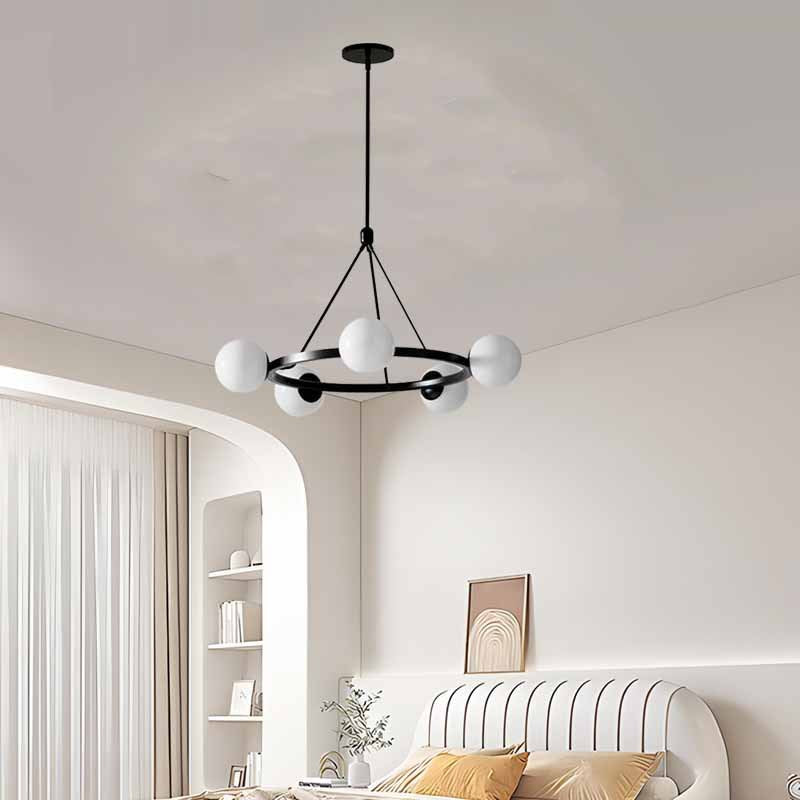 Moderner Mid-Century Eisen runder Stoff Glasschirm 5-Licht Kronleuchter für Wohnzimmer 