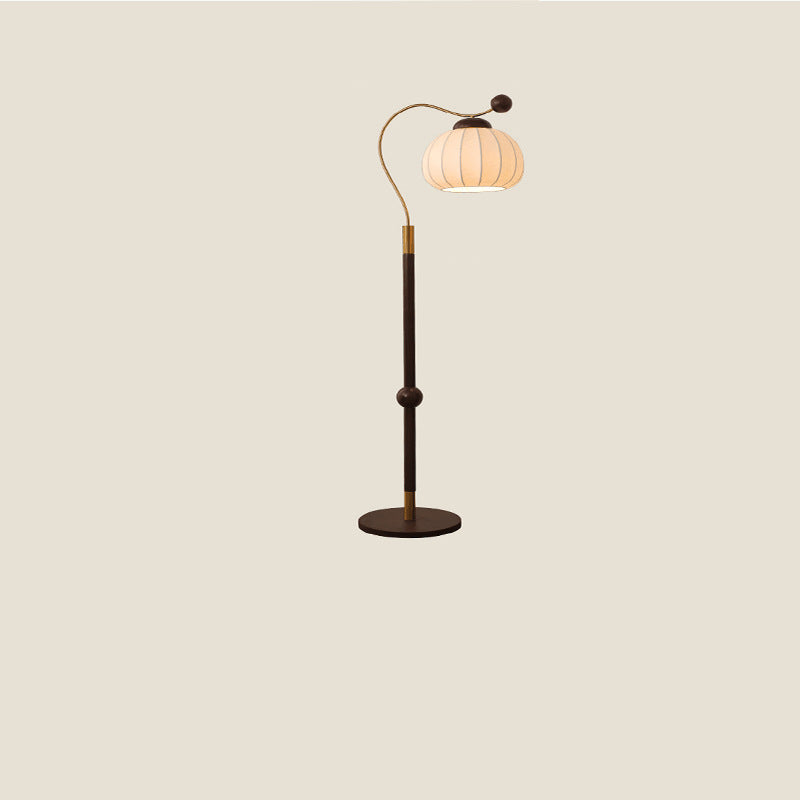 Lámpara de pie de 1 luz con pantalla redonda de seda japonesa tradicional, poste de aluminio y madera para sala de estar 