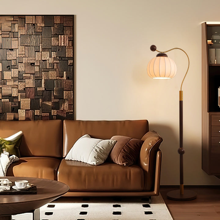 Lámpara de pie de 1 luz con pantalla redonda de seda japonesa tradicional, poste de aluminio y madera para sala de estar 