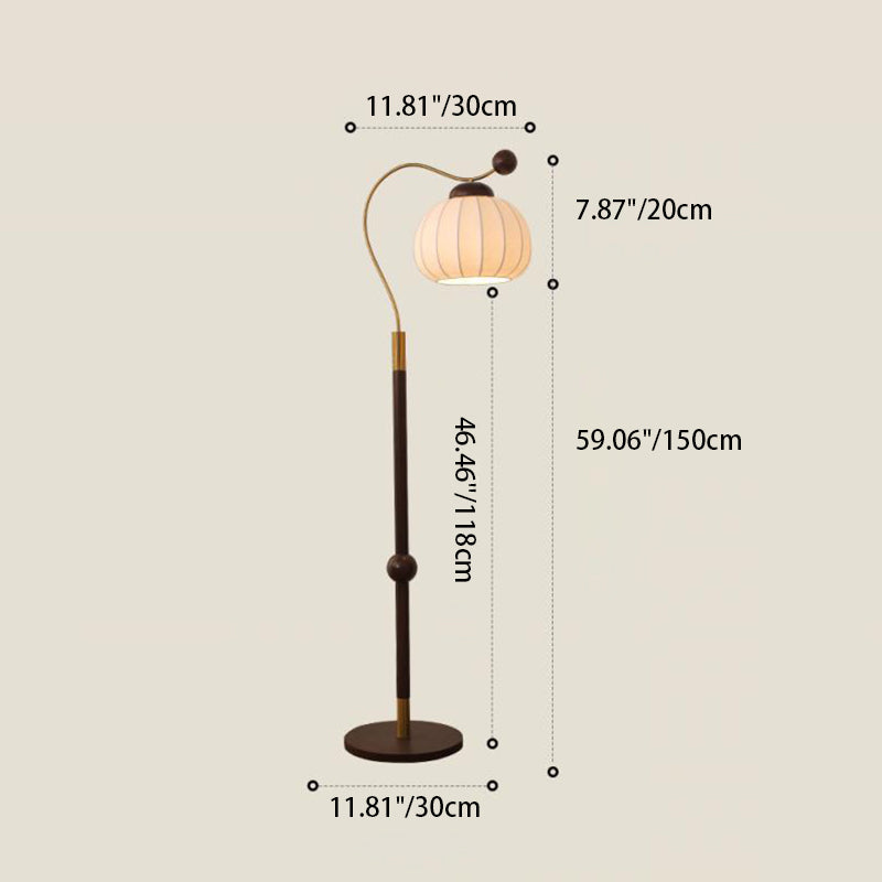 Lámpara de pie de 1 luz con pantalla redonda de seda japonesa tradicional, poste de aluminio y madera para sala de estar 
