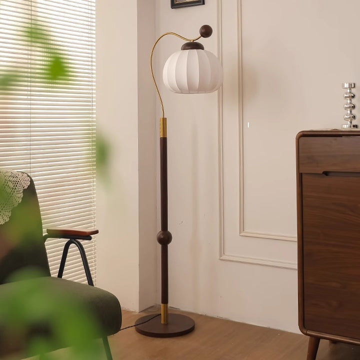 Lámpara de pie de 1 luz con pantalla redonda de seda japonesa tradicional, poste de aluminio y madera para sala de estar 