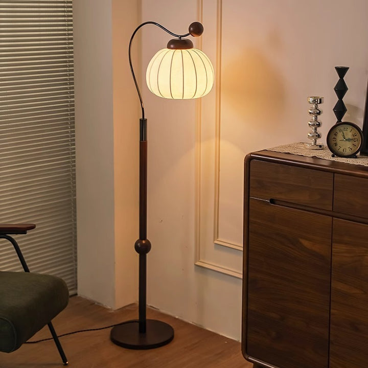 Lámpara de pie de 1 luz con pantalla redonda de seda japonesa tradicional, poste de aluminio y madera para sala de estar 