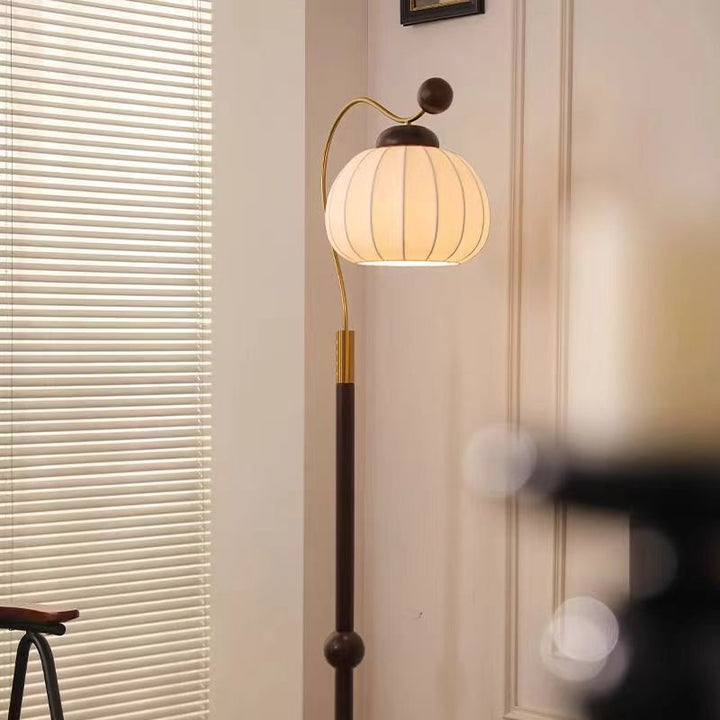 Lámpara de pie de 1 luz con pantalla redonda de seda japonesa tradicional, poste de aluminio y madera para sala de estar 