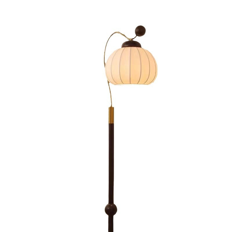 Lámpara de pie de 1 luz con pantalla redonda de seda japonesa tradicional, poste de aluminio y madera para sala de estar 