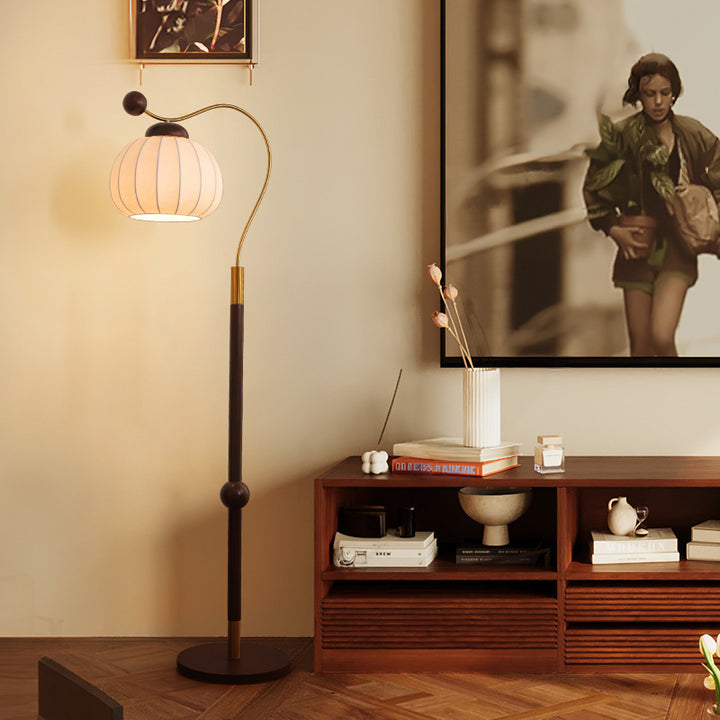 Lámpara de pie de 1 luz con pantalla redonda de seda japonesa tradicional, poste de aluminio y madera para sala de estar 