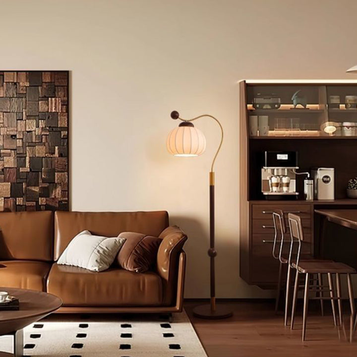 Lámpara de pie de 1 luz con pantalla redonda de seda japonesa tradicional, poste de aluminio y madera para sala de estar 