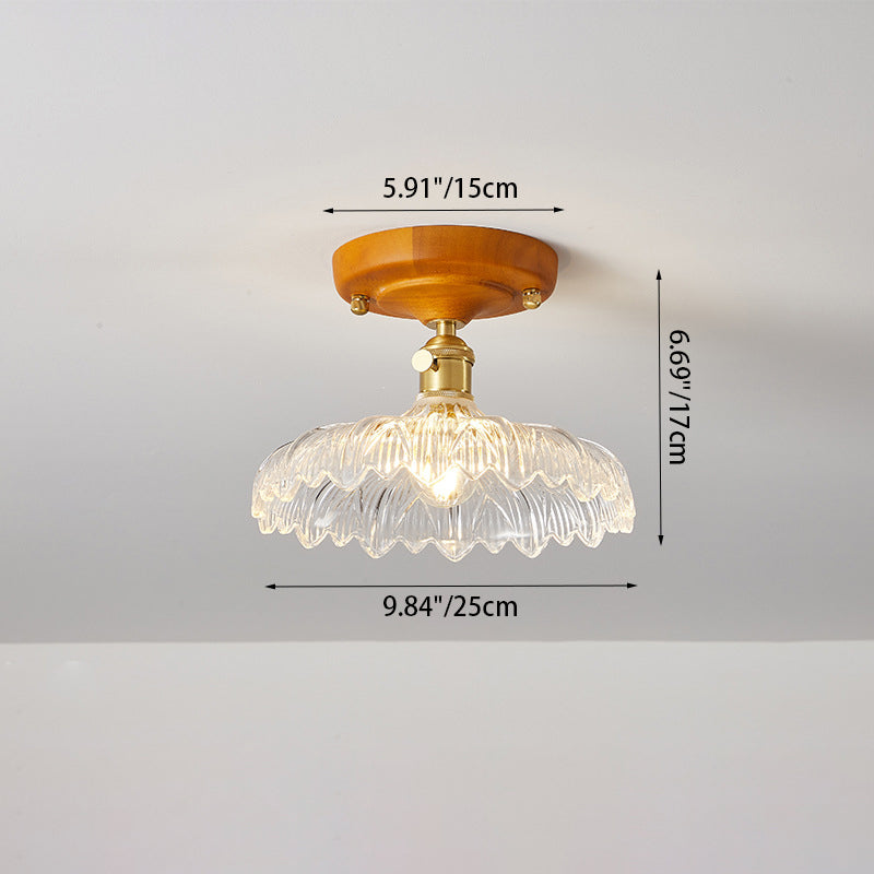 Plafonnier semi-encastré 1 lumière avec abat-jour en verre à fleurs en laiton et bois japonais traditionnel pour chambre 