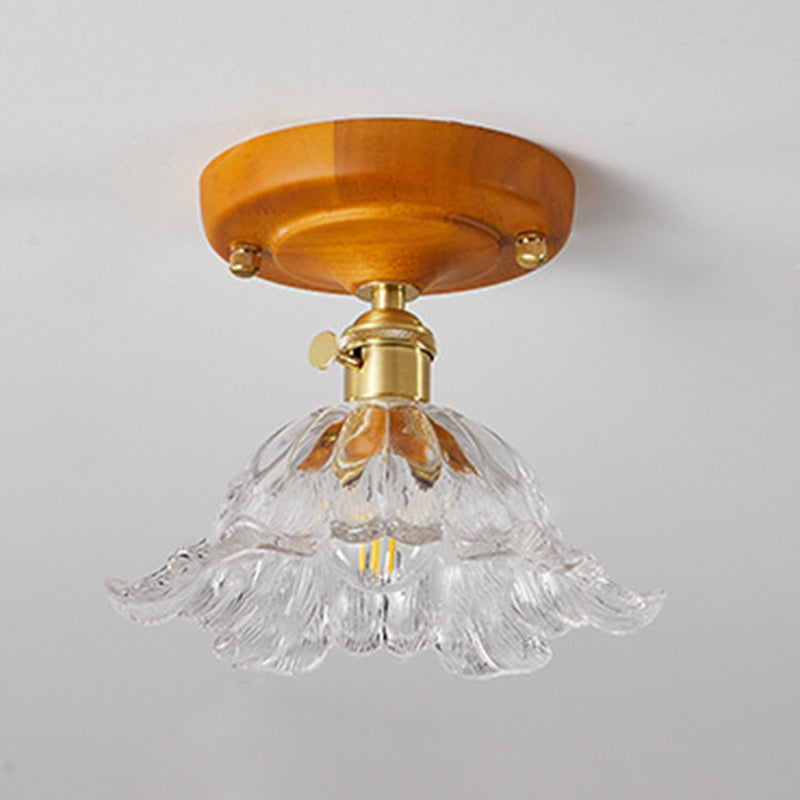 Plafonnier semi-encastré 1 lumière avec abat-jour en verre à fleurs en laiton et bois japonais traditionnel pour chambre 