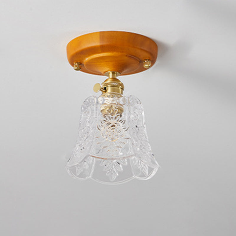 Plafonnier semi-encastré 1 lumière avec abat-jour en verre à fleurs en laiton et bois japonais traditionnel pour chambre 