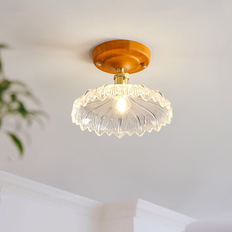 Plafonnier semi-encastré 1 lumière avec abat-jour en verre à fleurs en laiton et bois japonais traditionnel pour chambre 