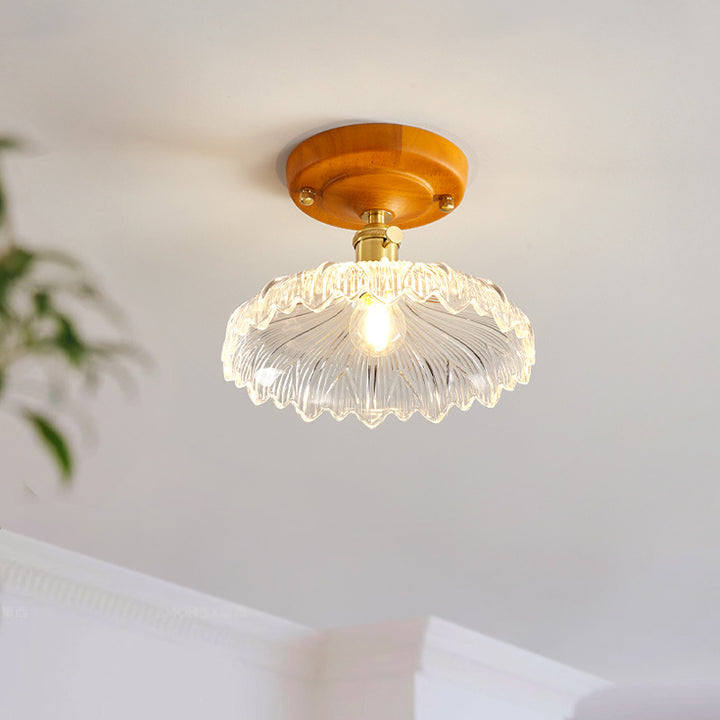 Plafonnier semi-encastré 1 lumière avec abat-jour en verre à fleurs en laiton et bois japonais traditionnel pour chambre 