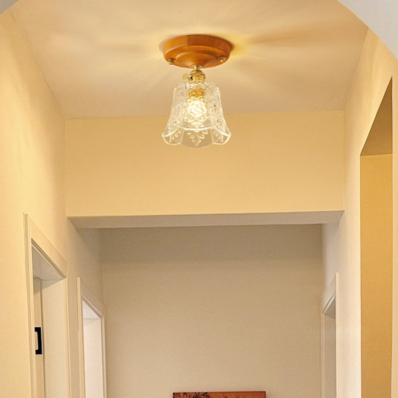 Plafonnier semi-encastré 1 lumière avec abat-jour en verre à fleurs en laiton et bois japonais traditionnel pour chambre 