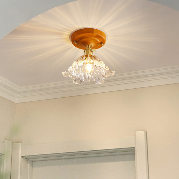 Plafonnier semi-encastré 1 lumière avec abat-jour en verre à fleurs en laiton et bois japonais traditionnel pour chambre 