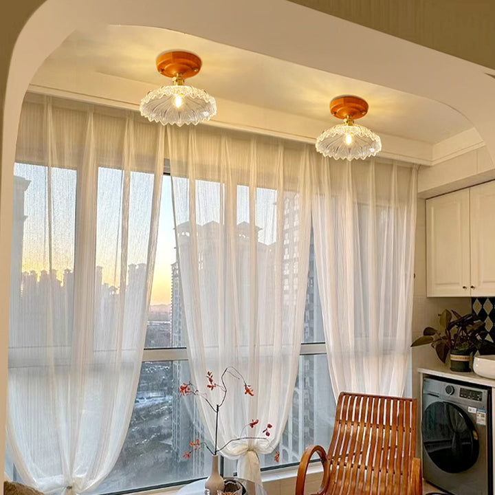 Luz de techo semiempotrada de 1 luz con pantalla de vidrio floral de latón y madera japonesa tradicional para dormitorio 