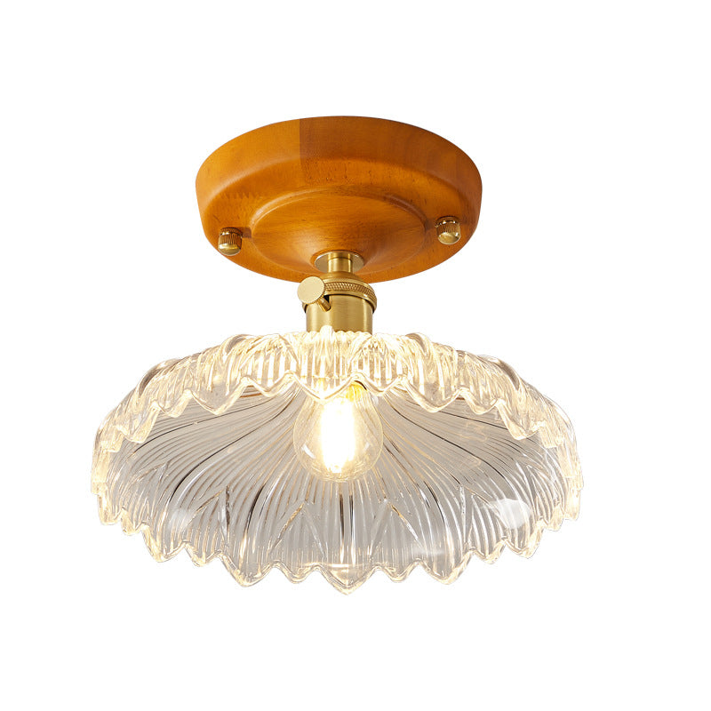 Plafonnier semi-encastré 1 lumière avec abat-jour en verre à fleurs en laiton et bois japonais traditionnel pour chambre 