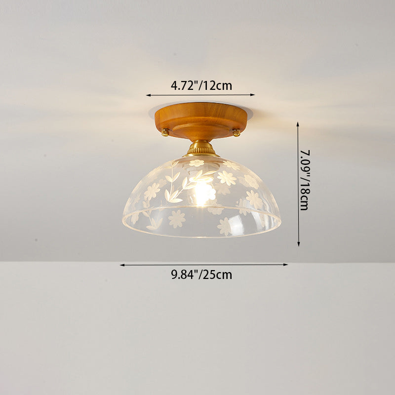 Plafonnier semi-encastré 1 lumière avec abat-jour en verre à fleurs en laiton et bois japonais traditionnel pour chambre 