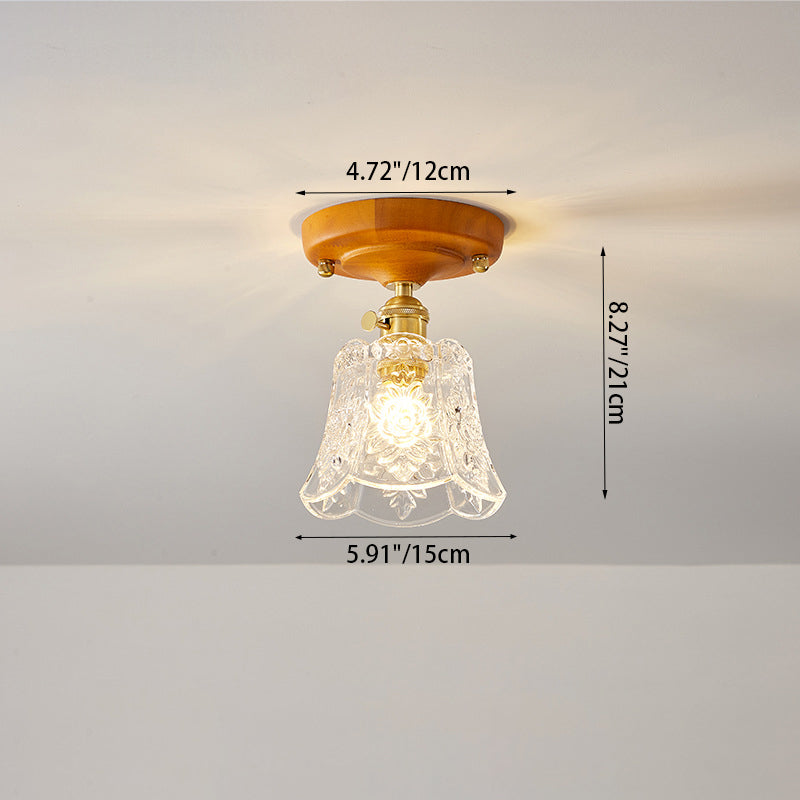 Plafonnier semi-encastré 1 lumière avec abat-jour en verre à fleurs en laiton et bois japonais traditionnel pour chambre 