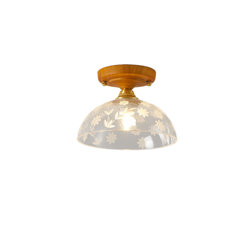 Plafonnier semi-encastré 1 lumière avec abat-jour en verre à fleurs en laiton et bois japonais traditionnel pour chambre 