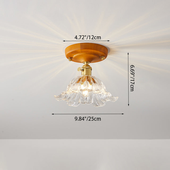Plafonnier semi-encastré 1 lumière avec abat-jour en verre à fleurs en laiton et bois japonais traditionnel pour chambre 