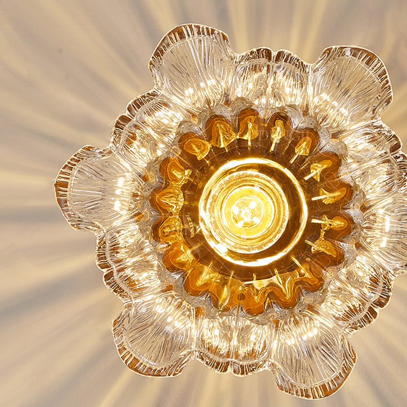 Plafonnier semi-encastré 1 lumière avec abat-jour en verre à fleurs en laiton et bois japonais traditionnel pour chambre 