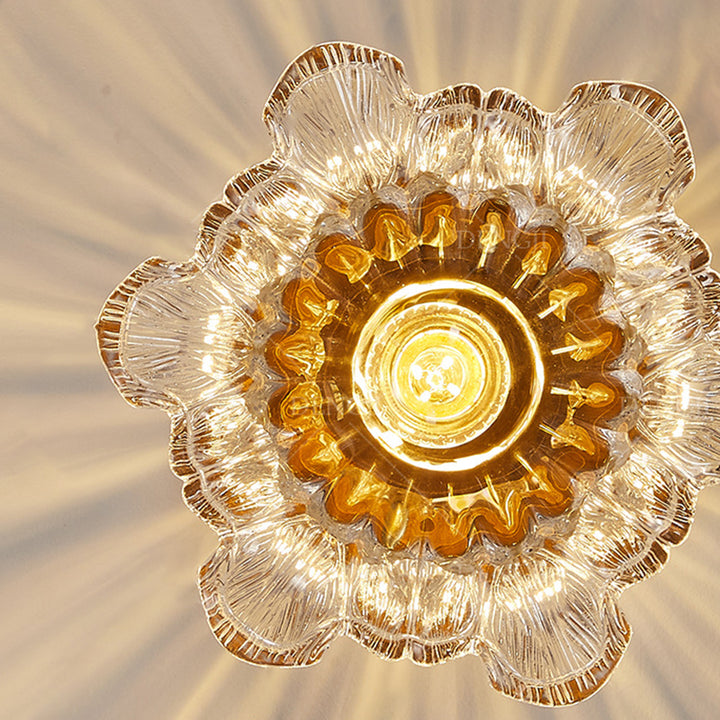 Plafonnier semi-encastré 1 lumière avec abat-jour en verre à fleurs en laiton et bois japonais traditionnel pour chambre 