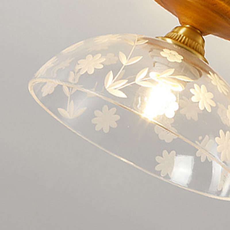 Plafonnier semi-encastré 1 lumière avec abat-jour en verre à fleurs en laiton et bois japonais traditionnel pour chambre 