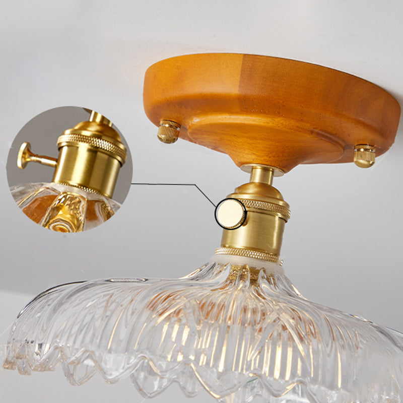 Plafonnier semi-encastré 1 lumière avec abat-jour en verre à fleurs en laiton et bois japonais traditionnel pour chambre 