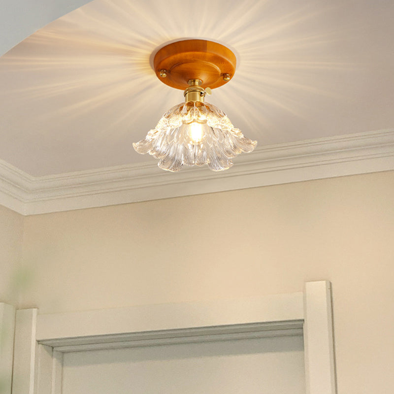 Plafonnier semi-encastré 1 lumière avec abat-jour en verre à fleurs en laiton et bois japonais traditionnel pour chambre 