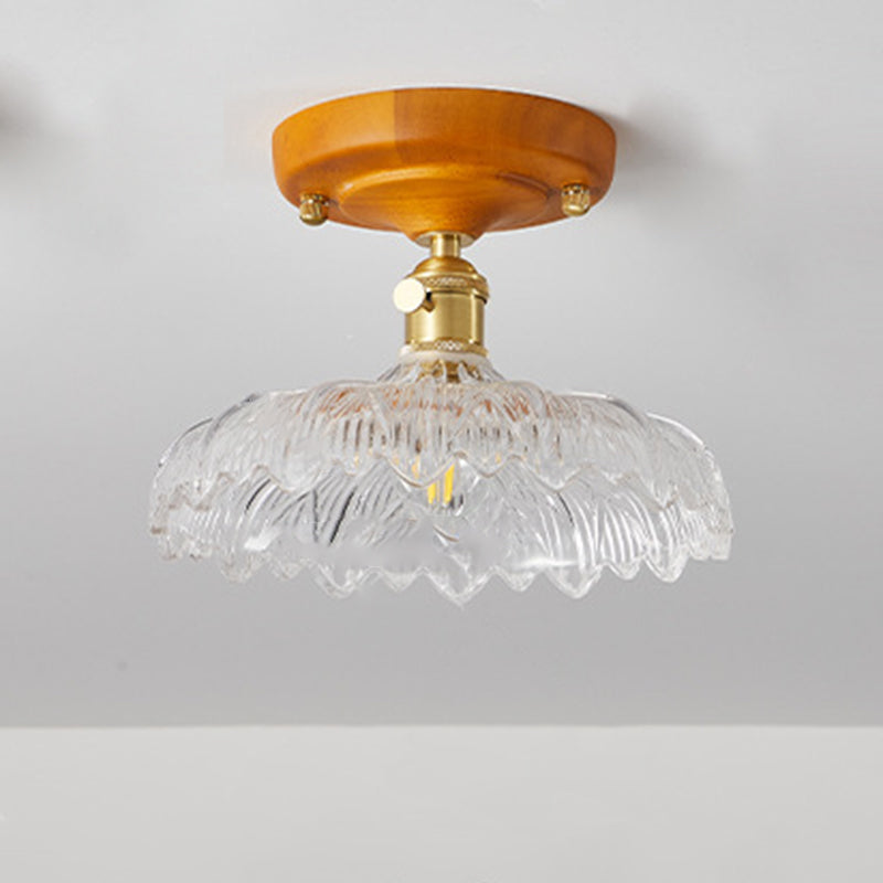Plafonnier semi-encastré 1 lumière avec abat-jour en verre à fleurs en laiton et bois japonais traditionnel pour chambre 