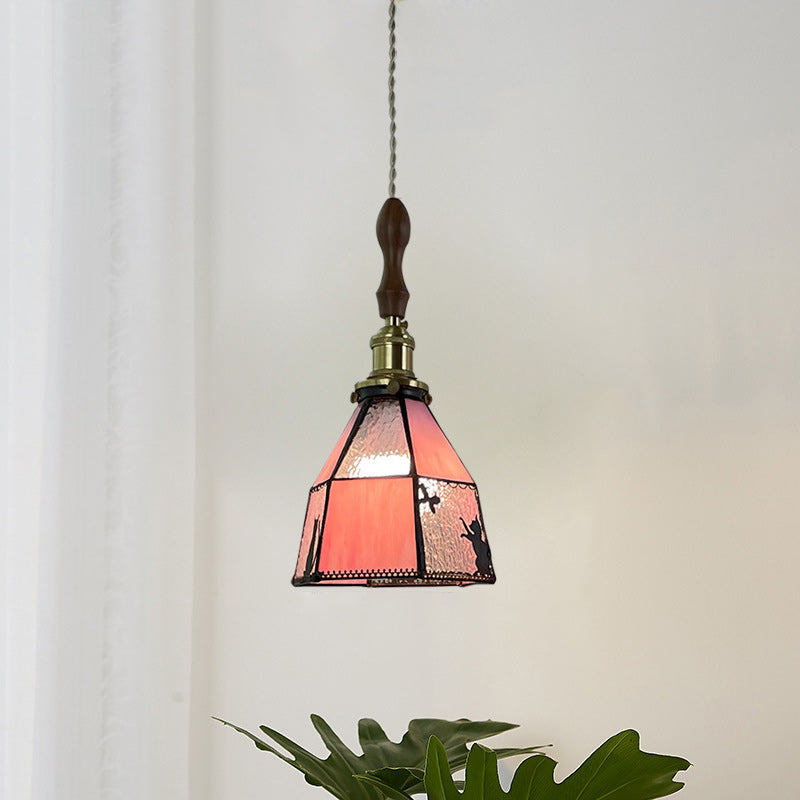 Traditionelle Vintage Pastorale Messing Glasschirm 1-Licht Pendelleuchte für Wohnzimmer 