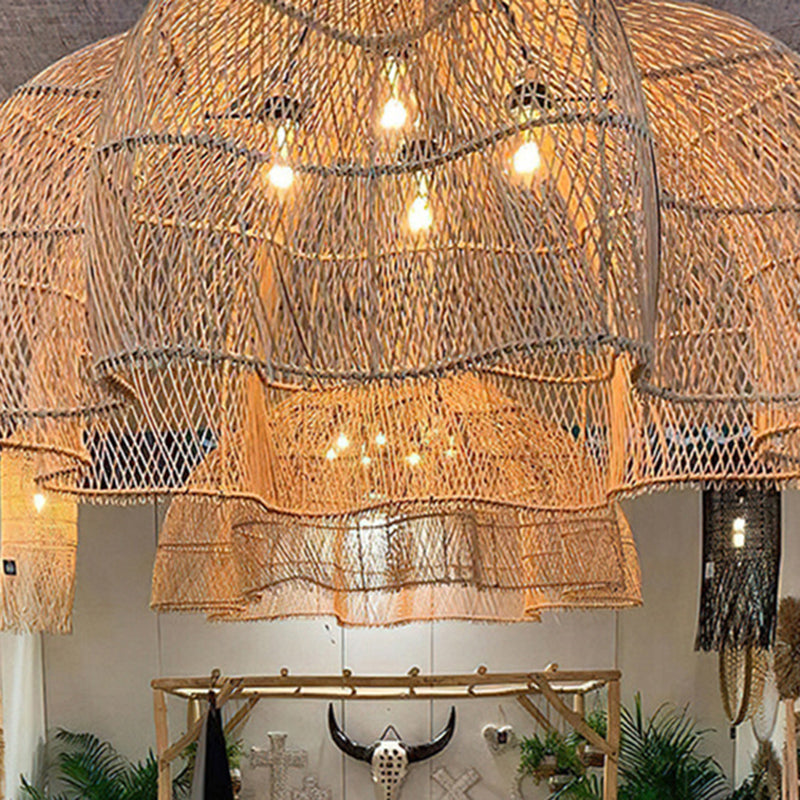 Abat-jour tissé en rotin ondulé traditionnel japonais, suspension à 1 lumière pour salle à manger 
