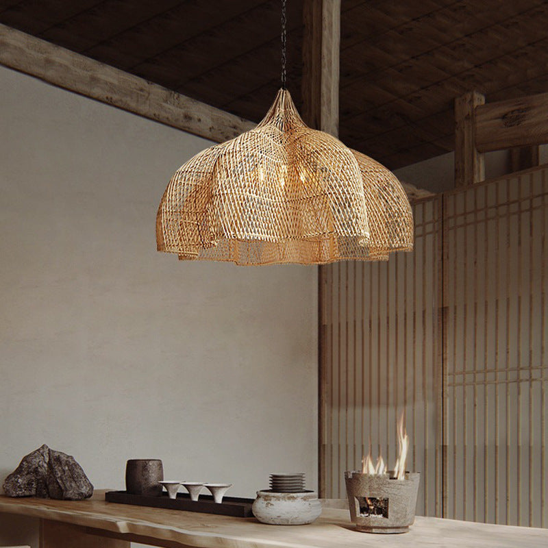 Abat-jour tissé en rotin ondulé traditionnel japonais, suspension à 1 lumière pour salle à manger 