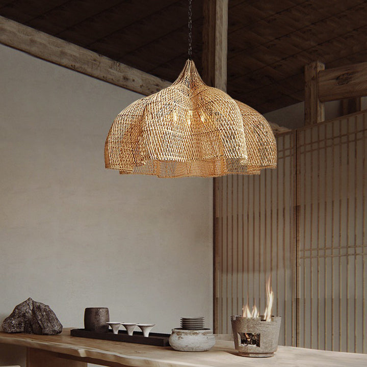 Abat-jour tissé en rotin ondulé traditionnel japonais, suspension à 1 lumière pour salle à manger 