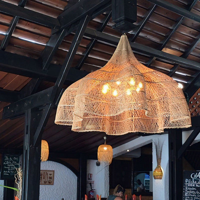 Abat-jour tissé en rotin ondulé traditionnel japonais, suspension à 1 lumière pour salle à manger 