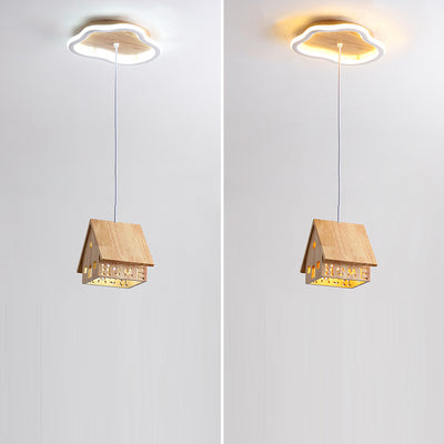 Traditional Japanese Cartoon Wooden House 1/3-Light Chandelier For Living Room